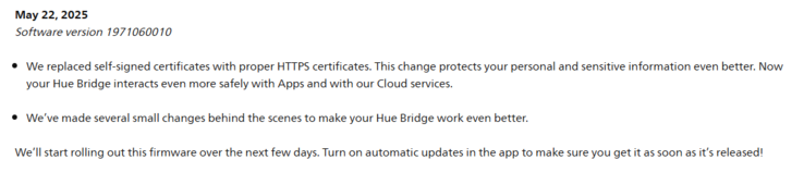 Release notes för Philips Hue Bridge mjukvaruversion 1971060010. (Bildkälla: Philips)